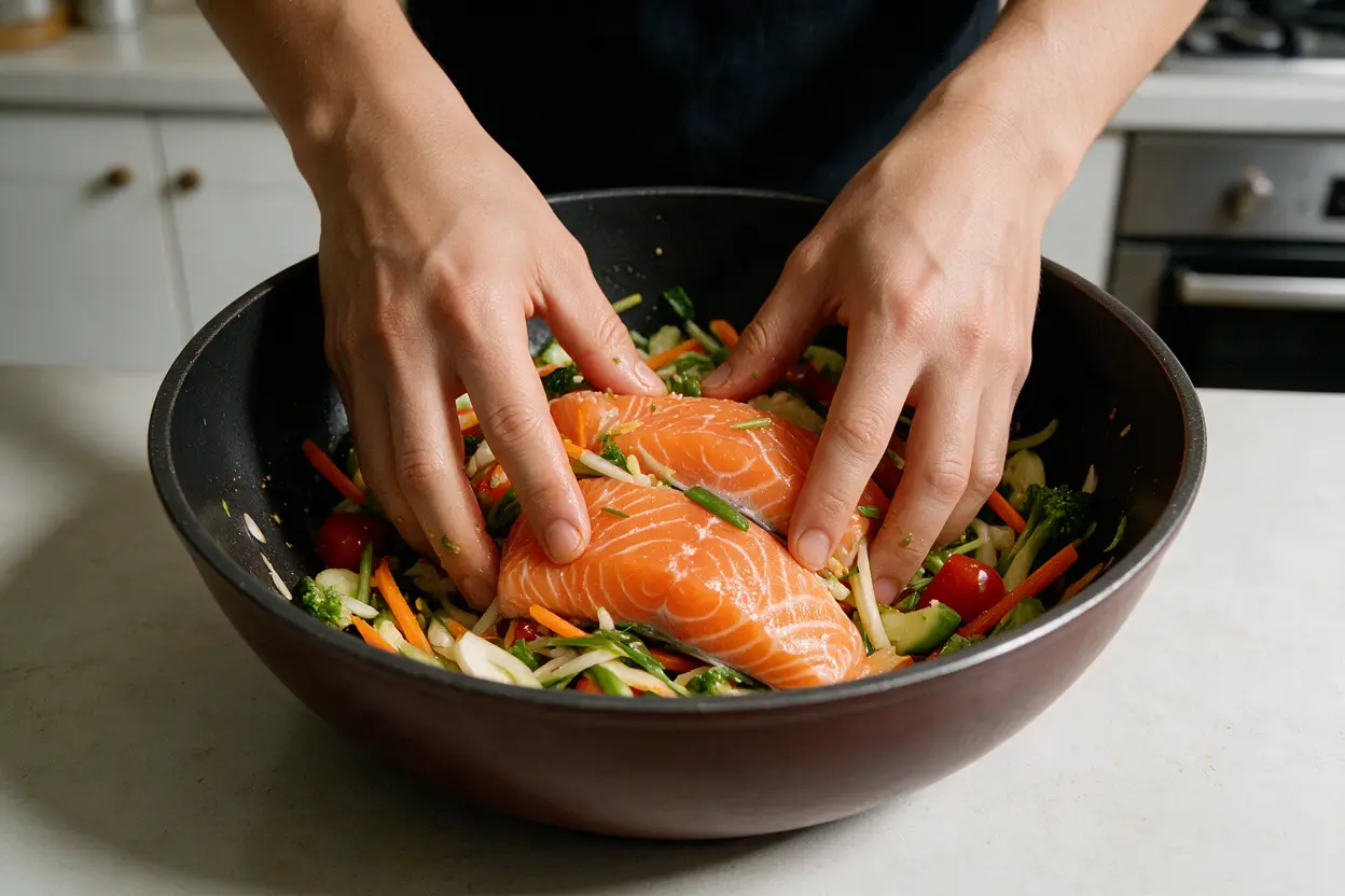 Hands gently mixing lomi lomi salmon with tomatoes and onion in a bowl