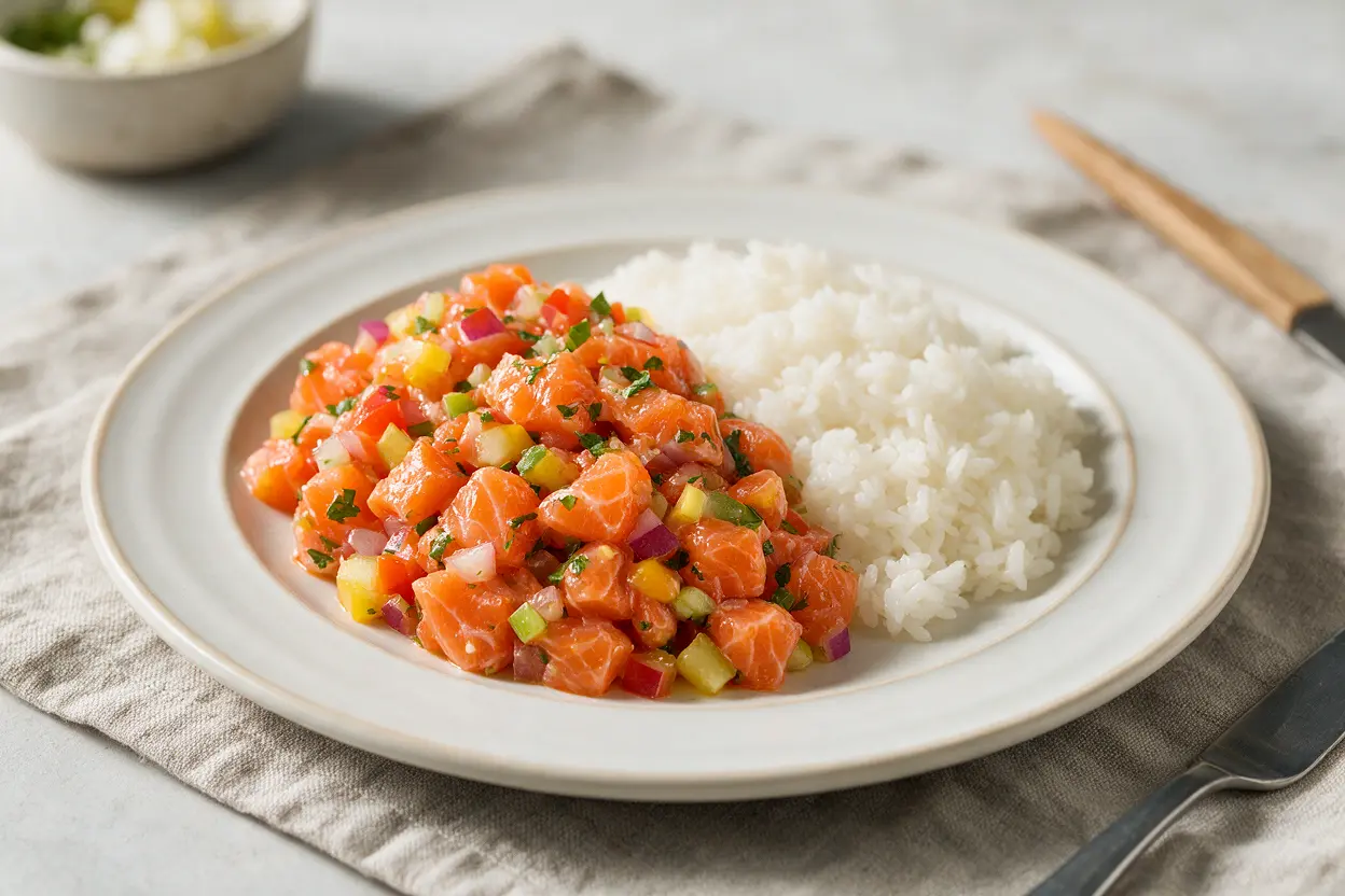 Lomi lomi salmon served beside white rice on a plate