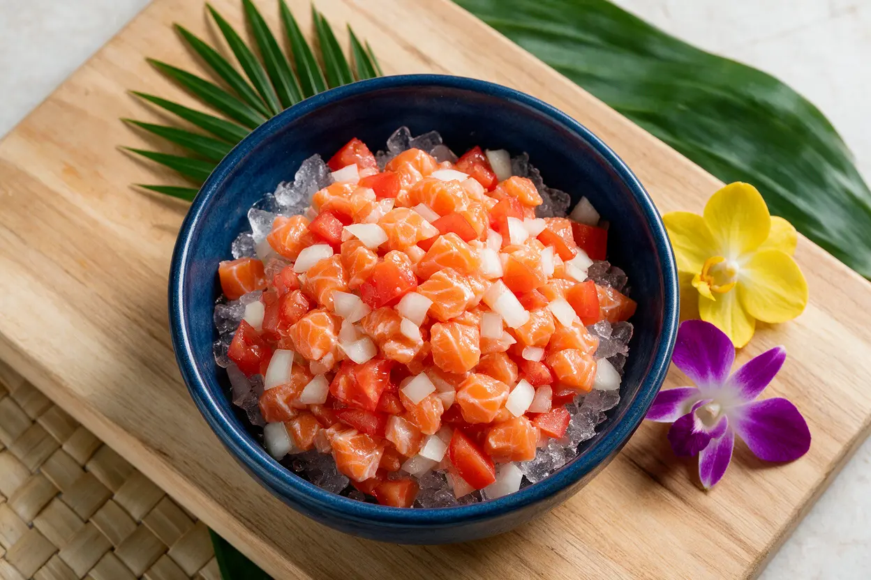 Bowl of Hawaiian lomi lomi salmon with diced salmon, tomato, and onion