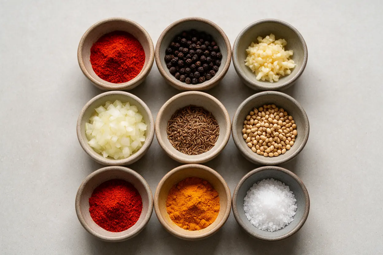 Longhorn steak seasoning ingredients: paprika, black pepper, garlic, onion, cumin, coriander, cayenne, and turmeric in small bowls