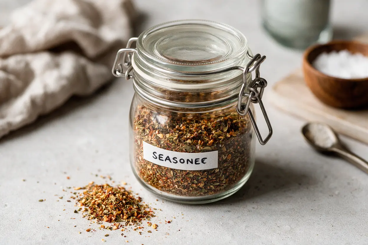 Homemade copycat Longhorn steak seasoning stored in a labeled airtight jar