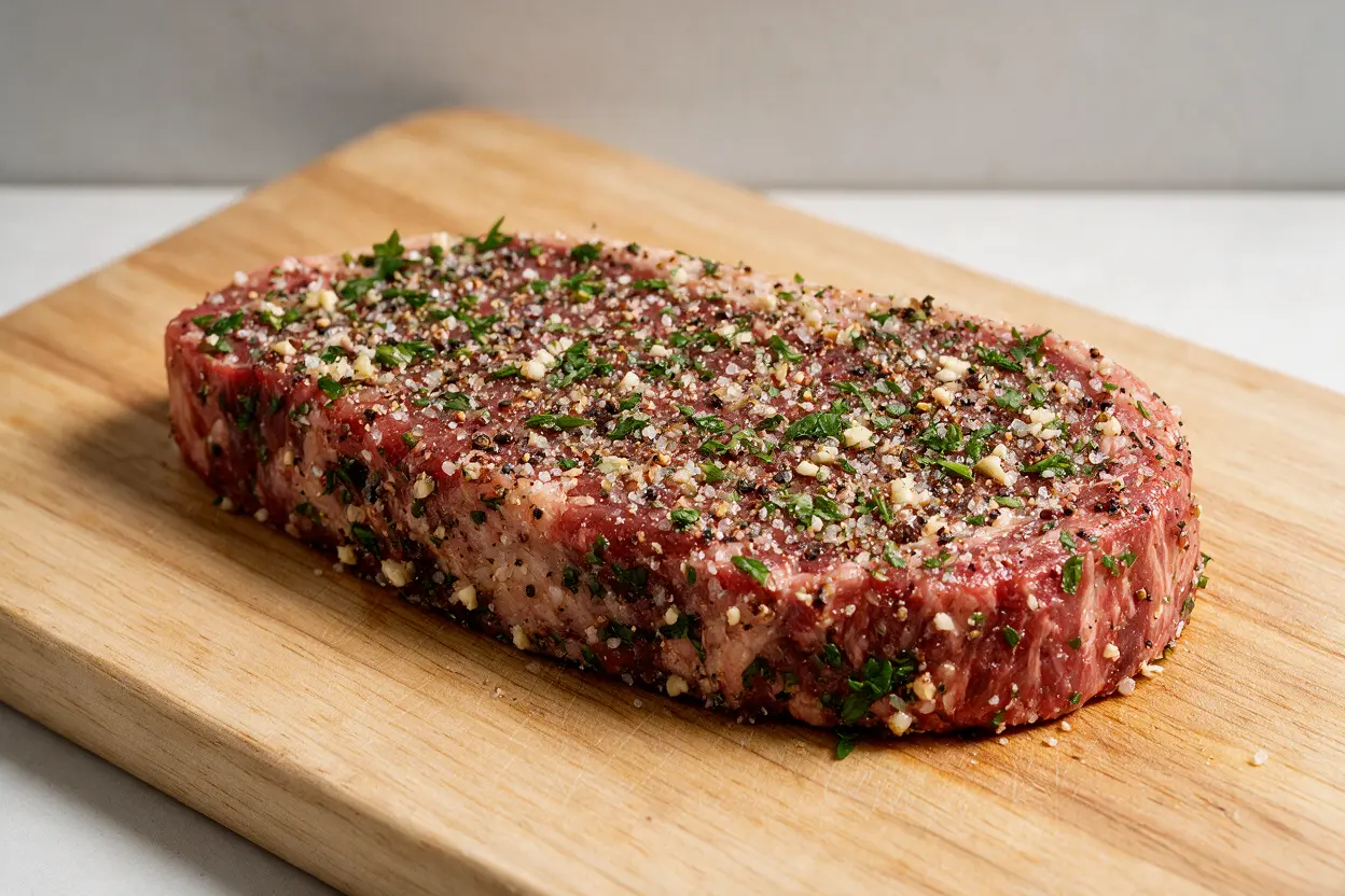 A raw steak generously coated with copycat Longhorn steak seasoning