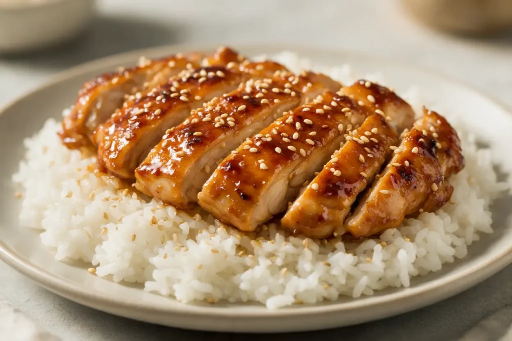 Sliced glazed Panda Express grilled teriyaki chicken over steamed rice