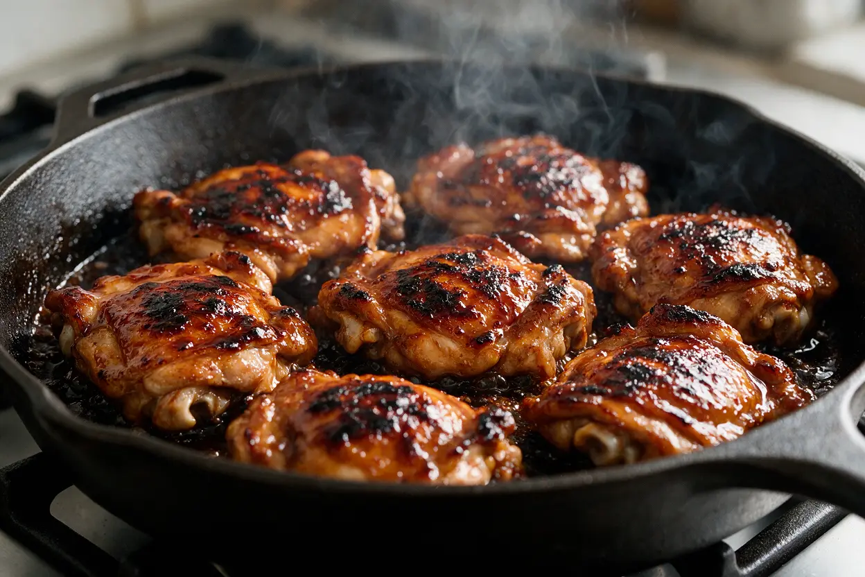 Teriyaki chicken thighs grilling in a hot pan with char marks
