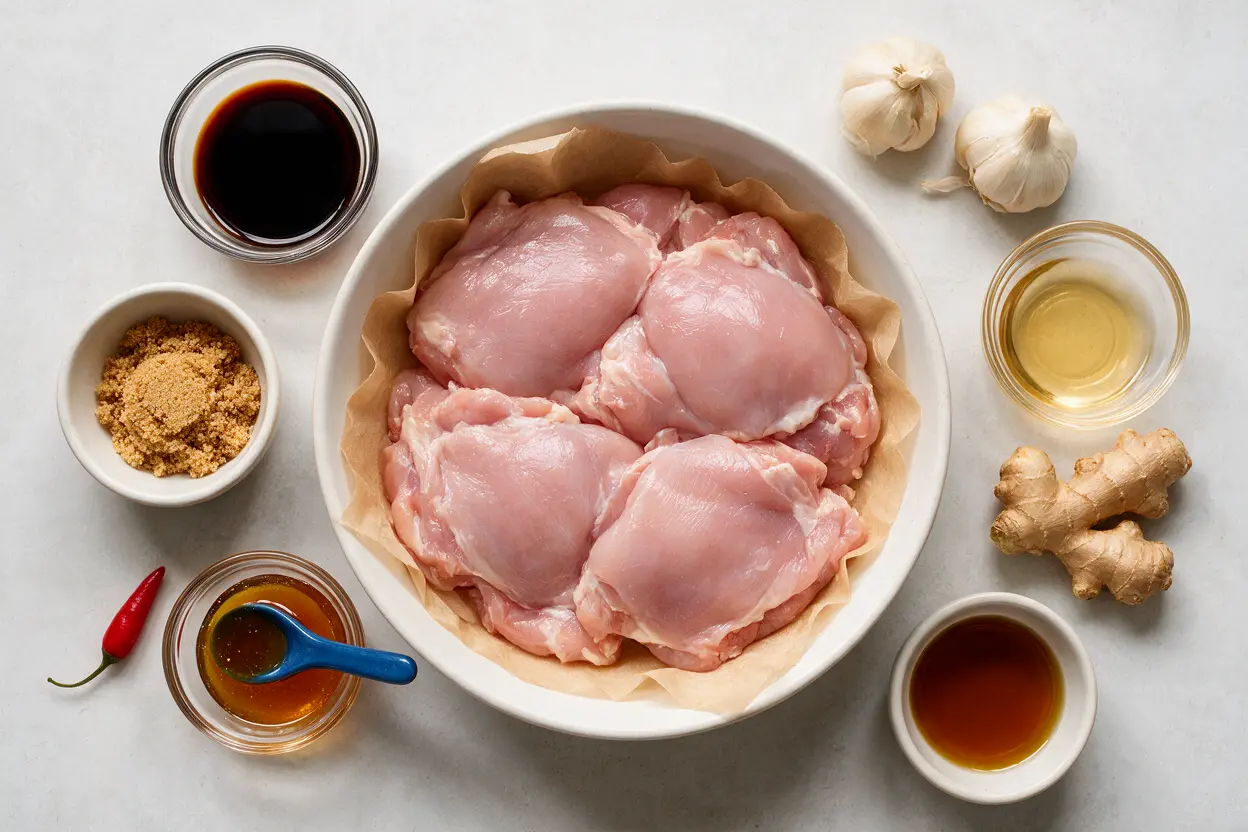 Panda Express teriyaki chicken ingredients: chicken thighs, soy sauce, brown sugar, honey, garlic, ginger