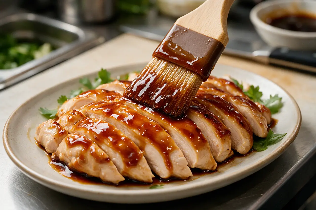 Glossy homemade teriyaki sauce being brushed over grilled chicken