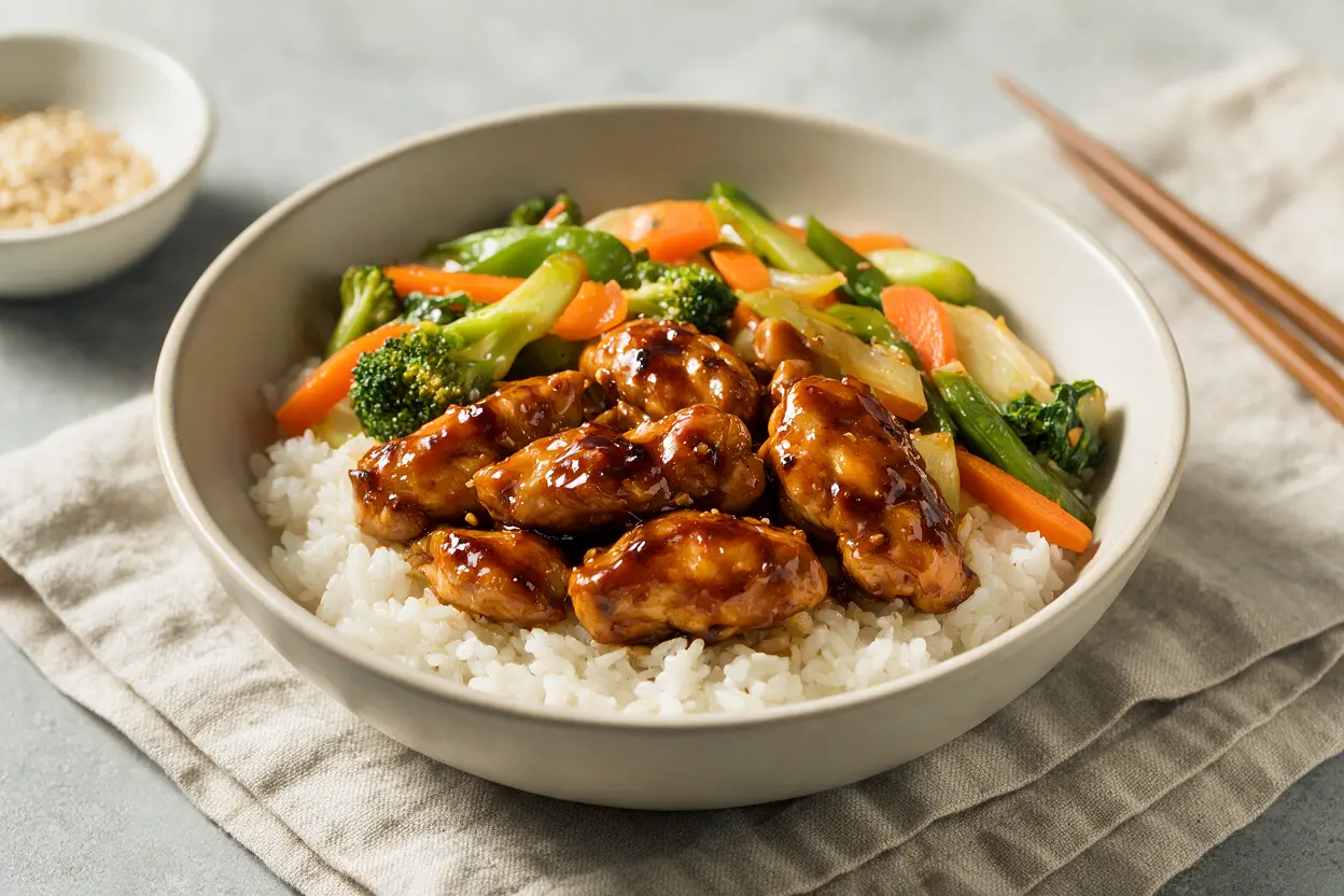 A plate of Panda Express grilled teriyaki chicken over rice with vegetables