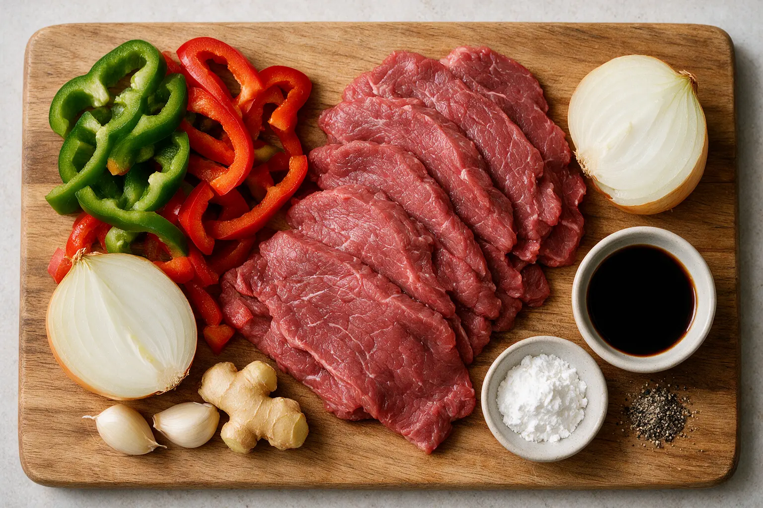 Pepper steak ingredients: beef, bell peppers, onion, garlic, ginger, and soy sauce