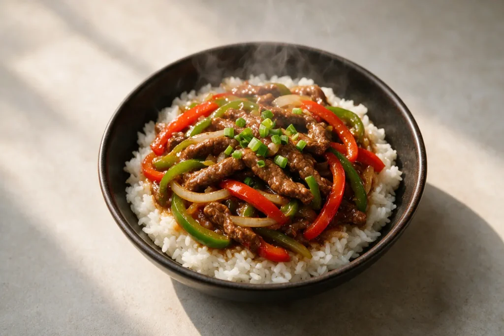 Pepper steak with beef, bell peppers, and onions over white rice