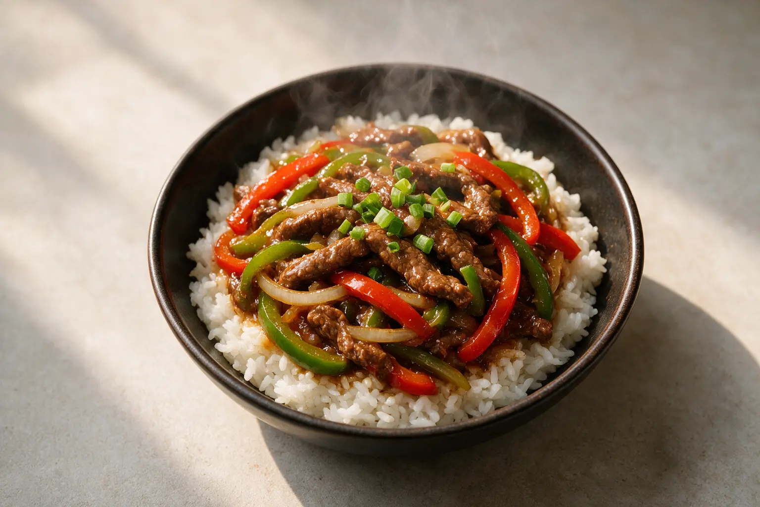Pepper steak with beef, bell peppers, and onions over white rice