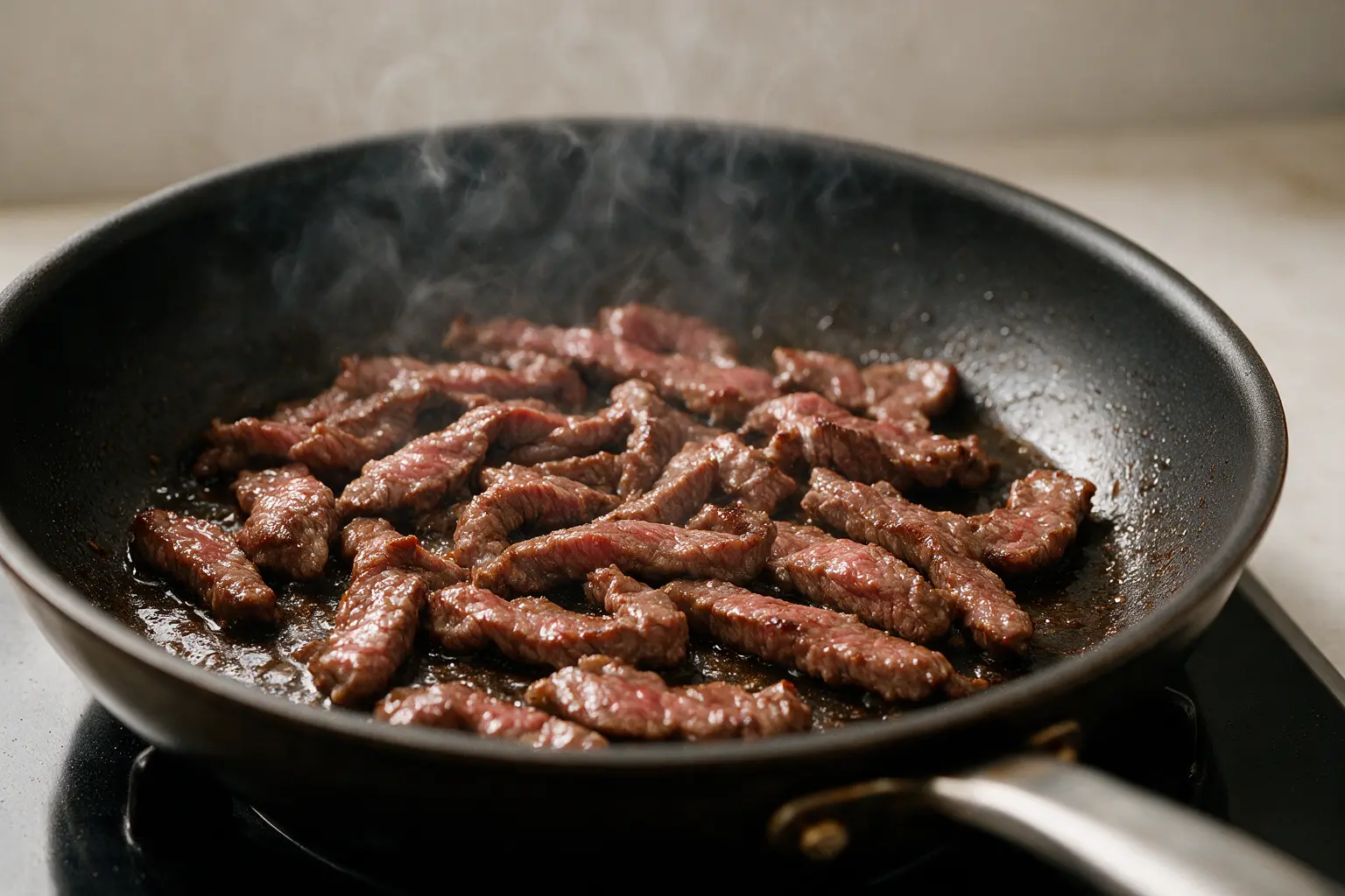 Thinly sliced beef strips searing in a skillet for pepper steak