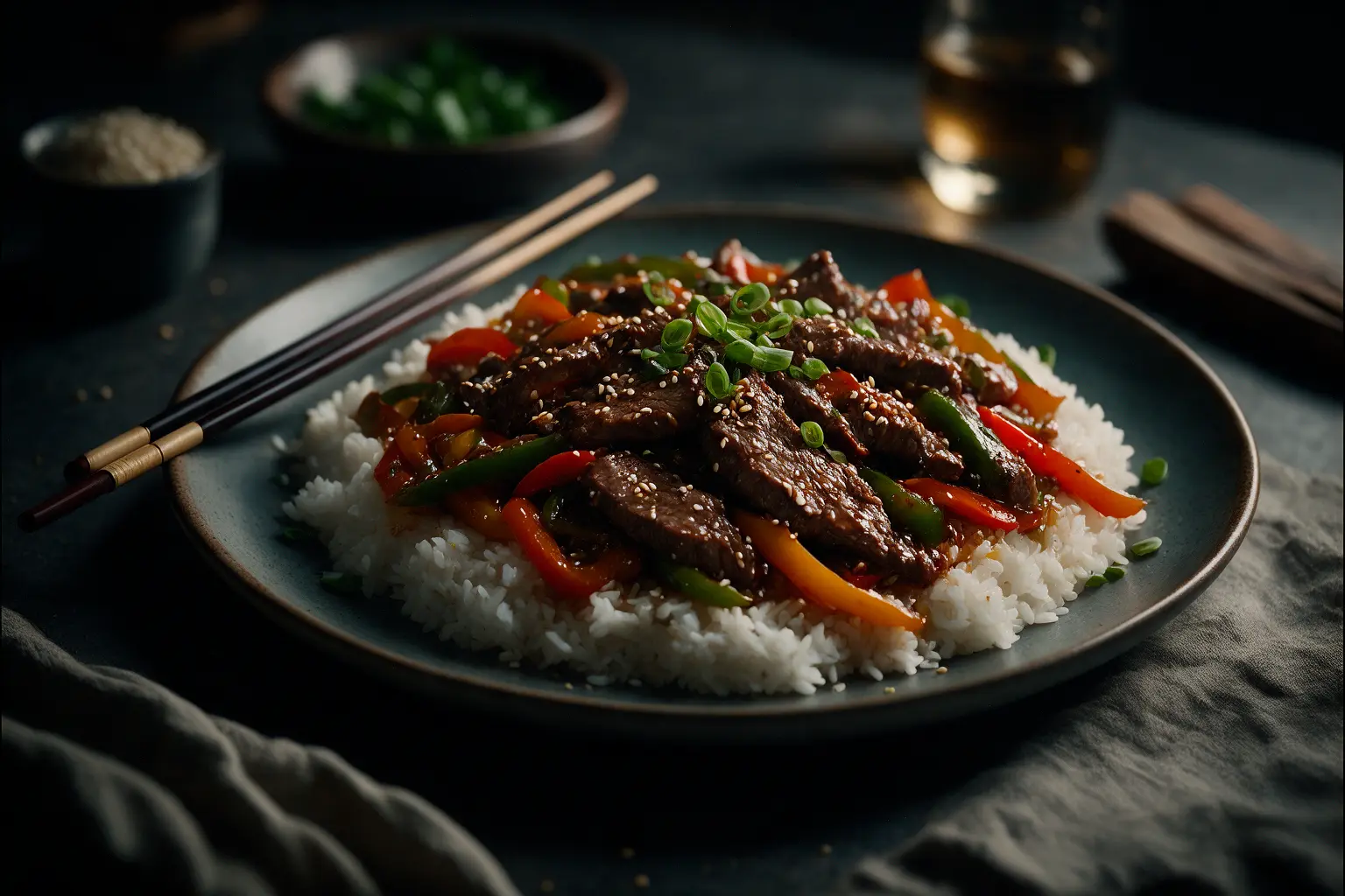 Pepper steak served over white rice garnished with green onion