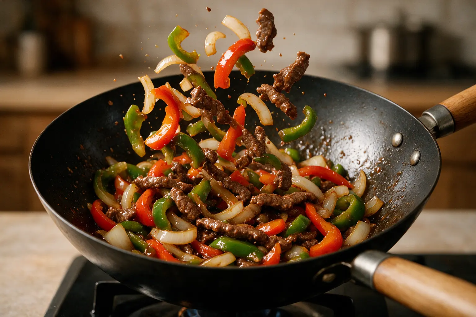 Stir-frying pepper steak with bell peppers and onions in a glossy sauce