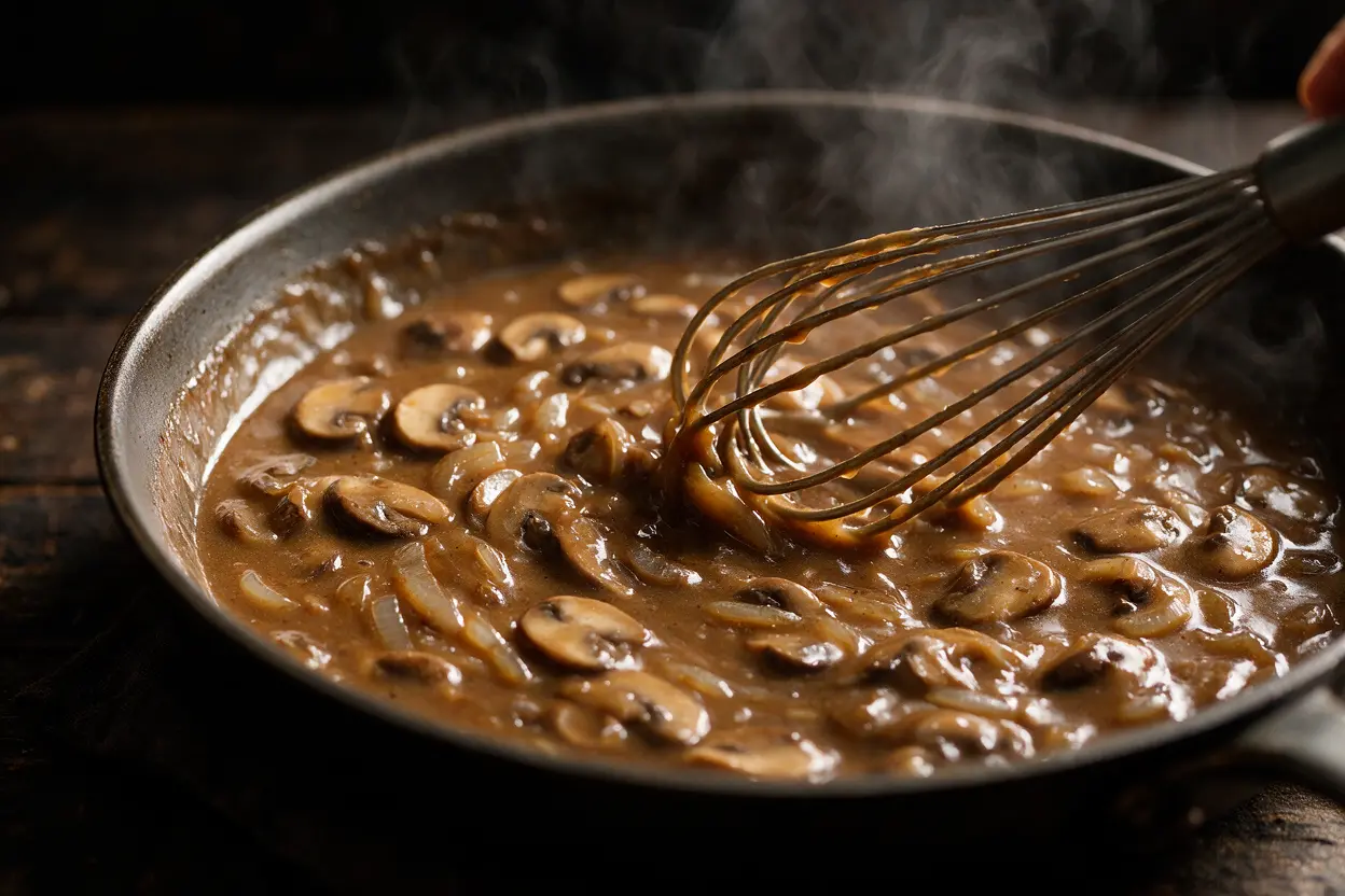 Mushroom and onion gravy being whisked in a skillet