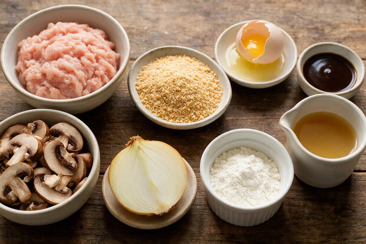 Salisbury steak ingredients: ground chicken, breadcrumbs, egg, mushrooms, onion, and chicken broth