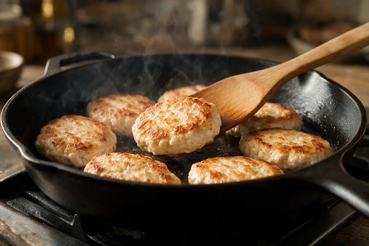 Ground chicken Salisbury steak patties searing in a cast-iron skillet