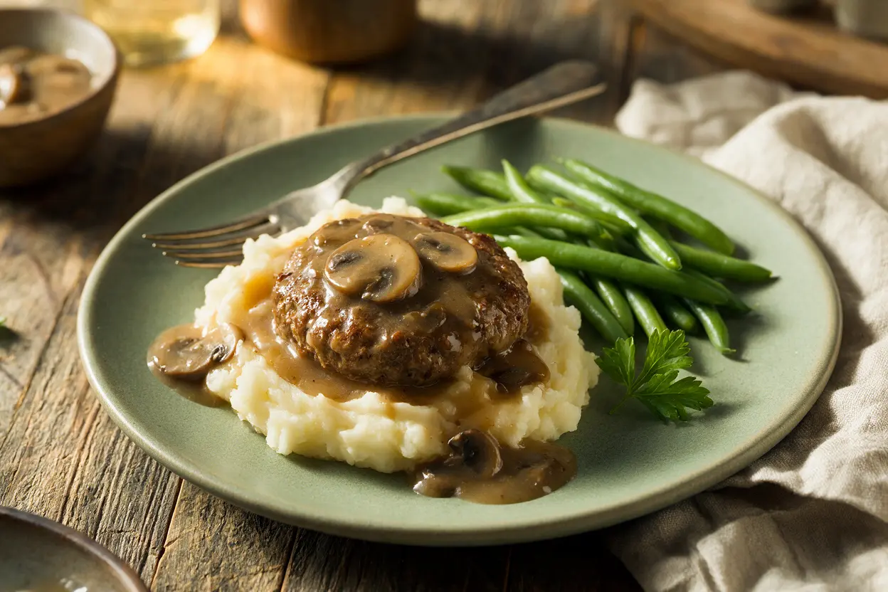 Salisbury steak with mushroom gravy served over mashed potatoes