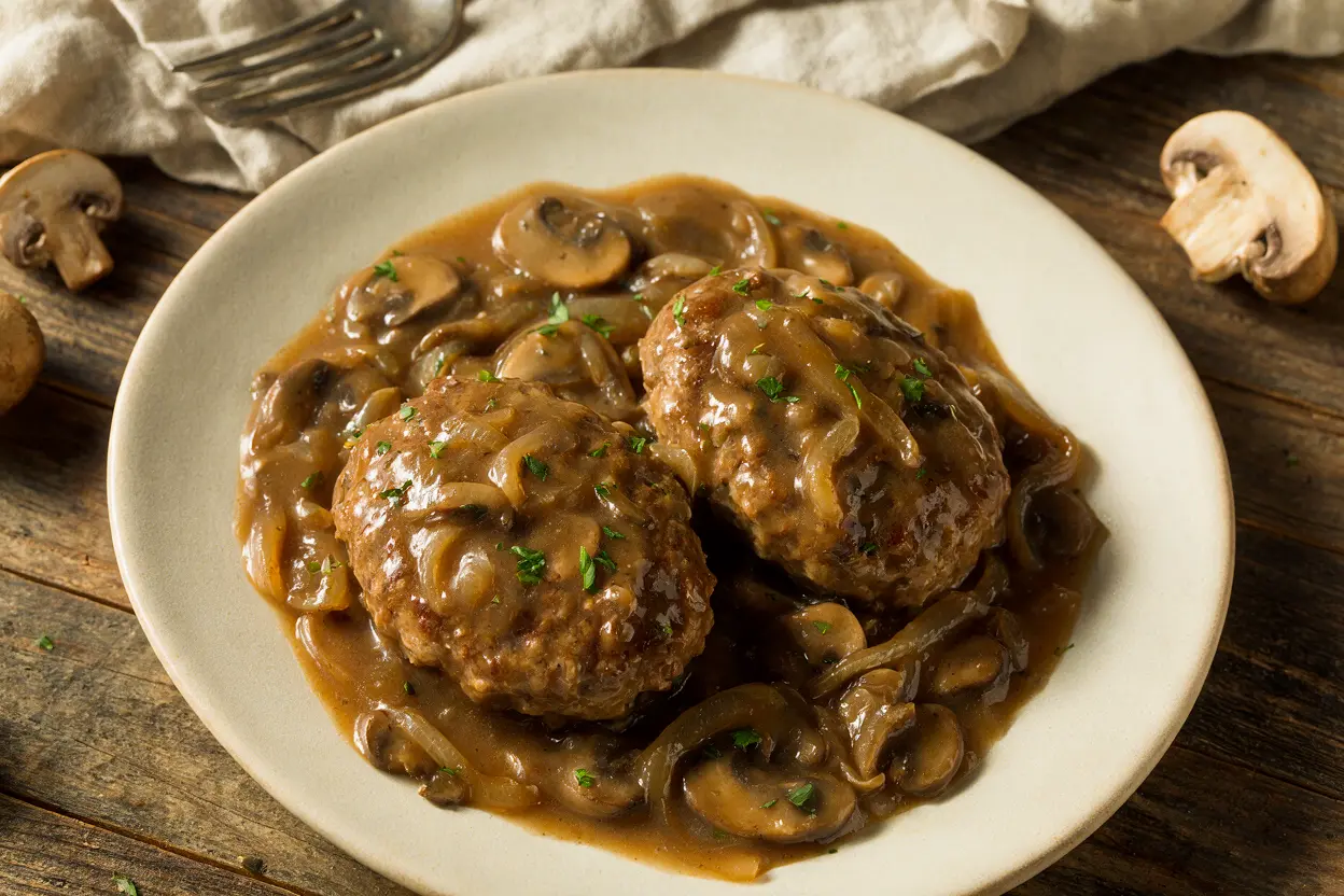 Ground chicken Salisbury steak patties smothered in mushroom gravy, top-down