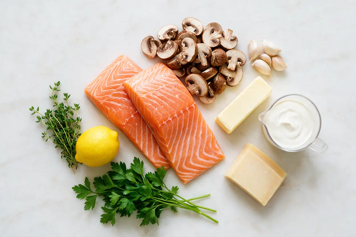 Salmon and mushroom ingredients: salmon, mushrooms, cream, parmesan, and garlic