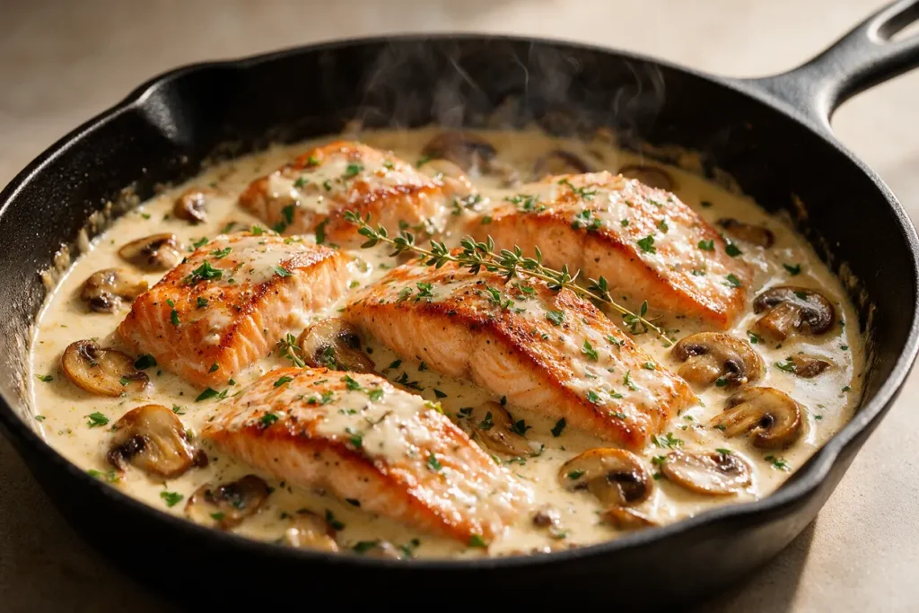Creamy garlic mushroom salmon in a skillet