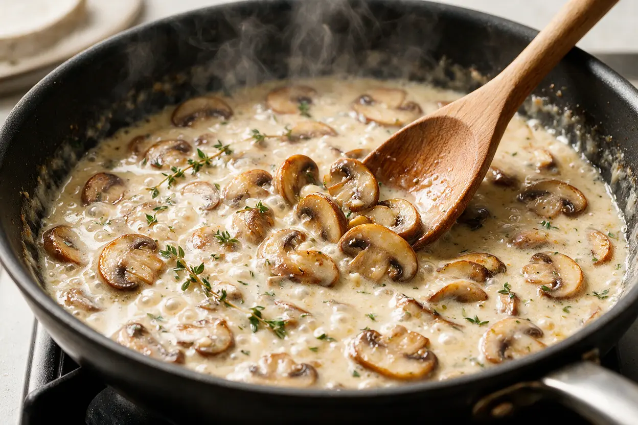 Golden mushrooms in a garlic parmesan cream sauce