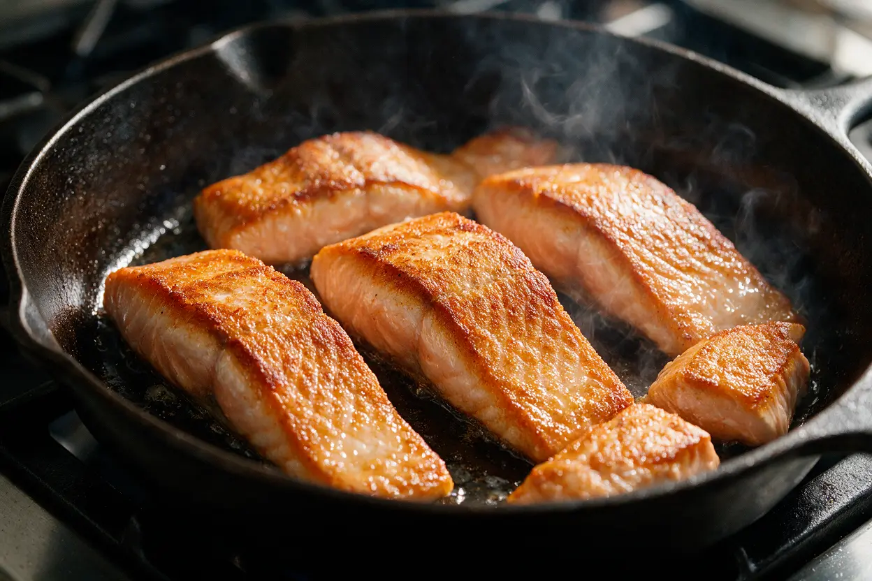 Salmon fillets searing in a skillet