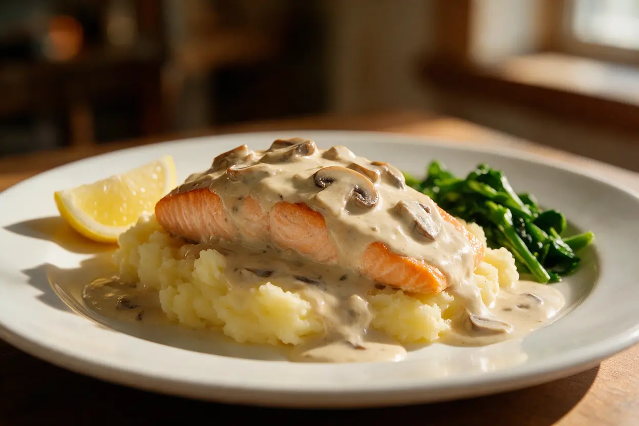 Creamy mushroom salmon served over rice