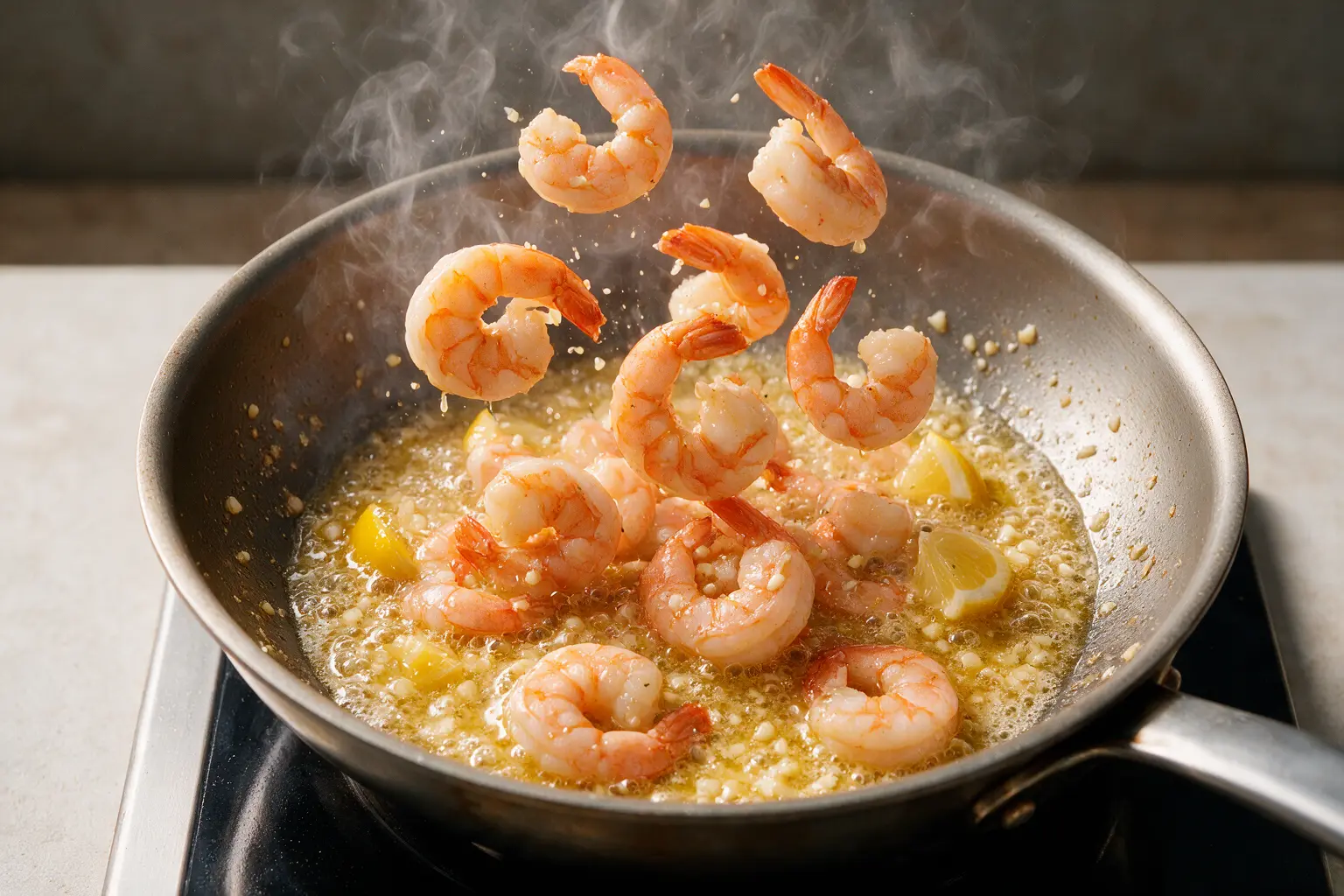 Shrimp tossing in a bubbling garlic butter lemon sauce