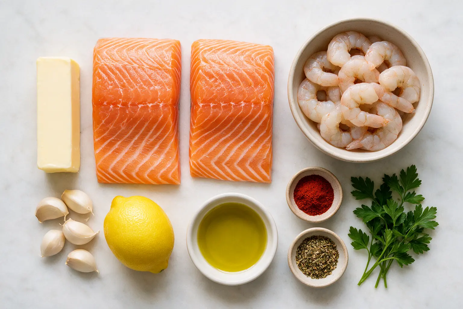 Salmon and shrimp ingredients: salmon, shrimp, butter, garlic, lemon, and herbs