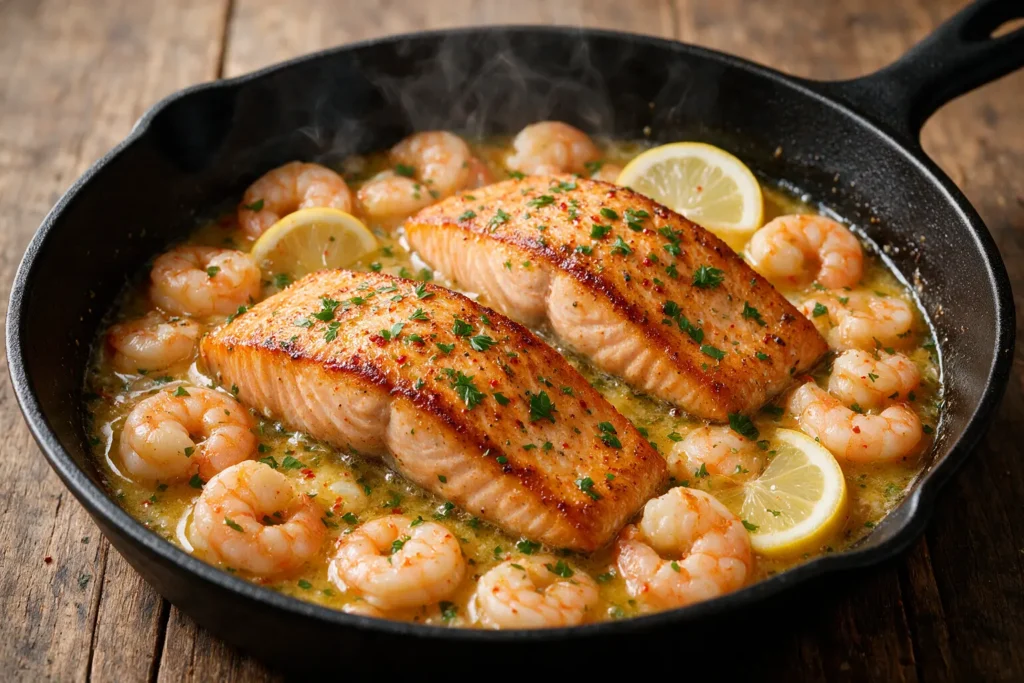 Garlic butter salmon and shrimp in a skillet with lemon and parsley
