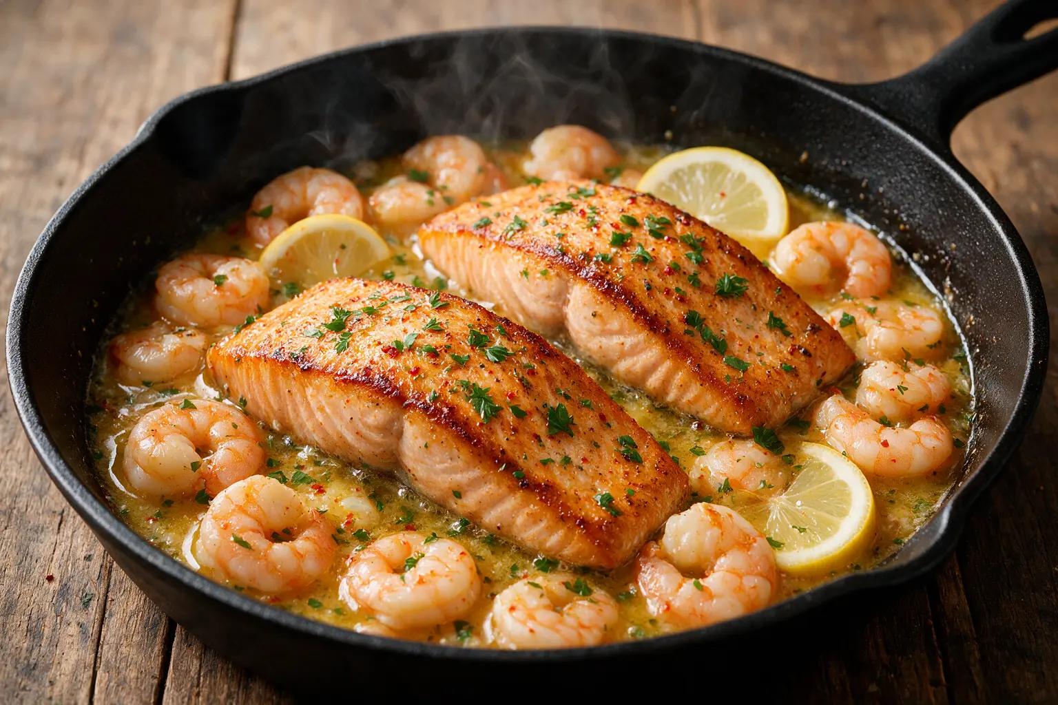 Garlic butter salmon and shrimp in a skillet with lemon and parsley