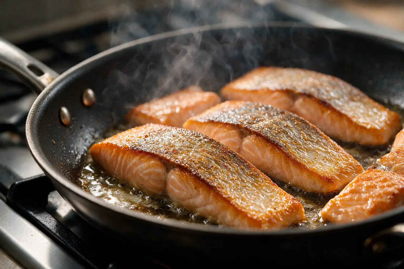 Salmon fillets searing in a buttery skillet