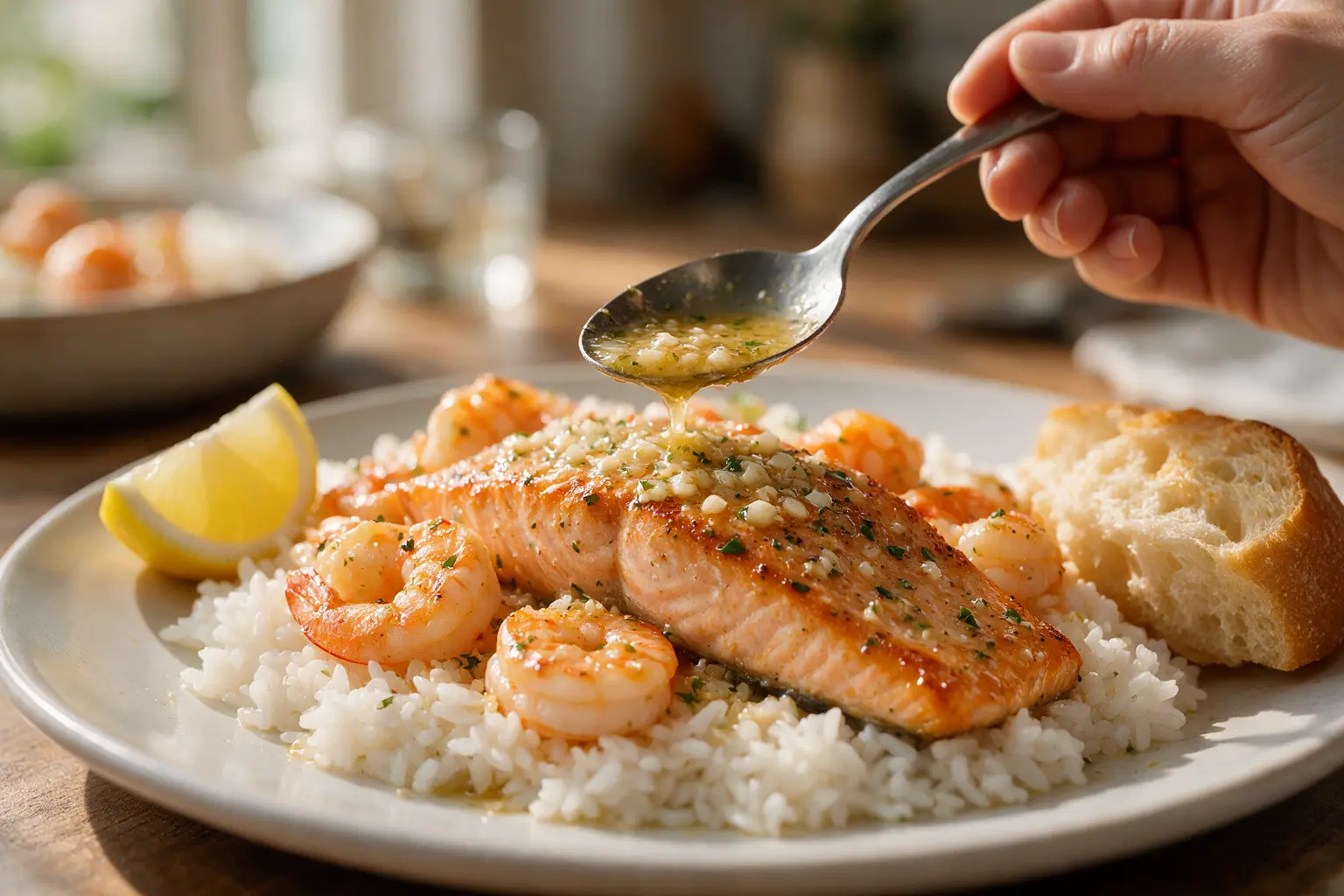 Garlic butter salmon and shrimp served over rice with bread
