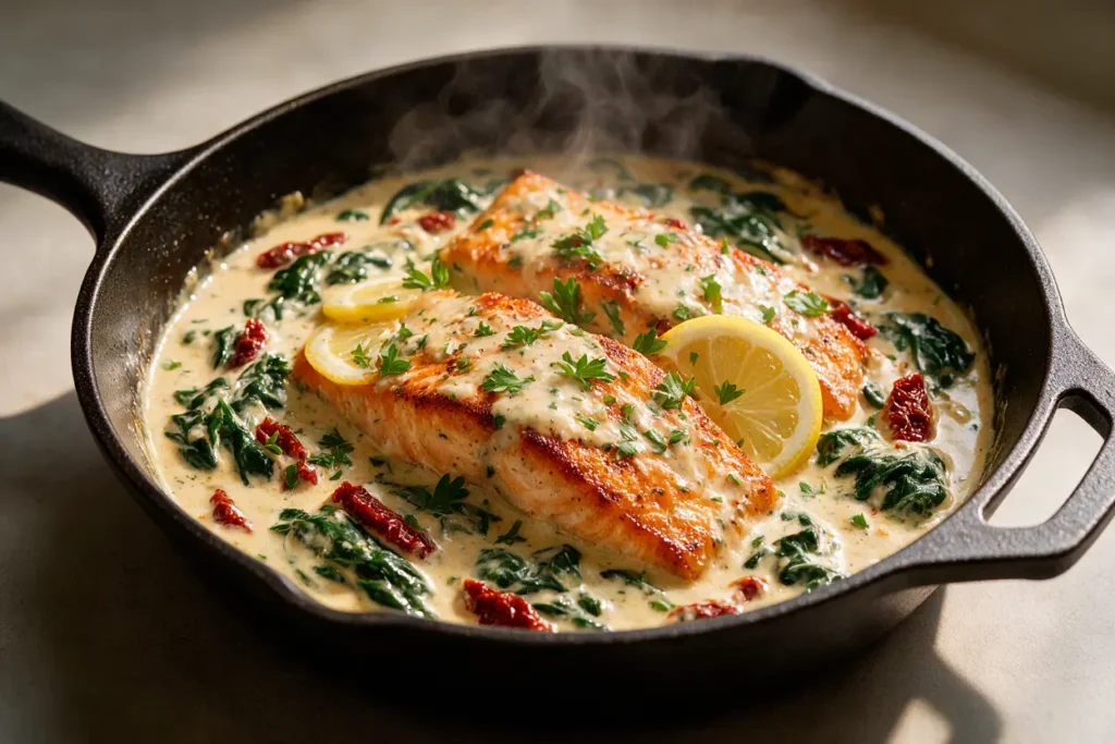Creamy salmon and spinach in a garlic parmesan sauce in a skillet