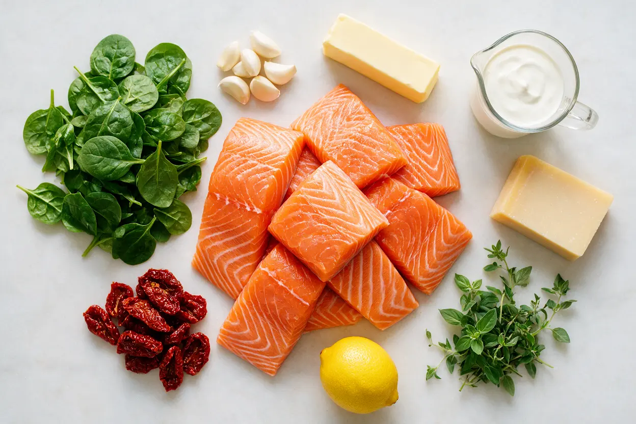 Salmon and spinach ingredients: salmon, spinach, cream, parmesan, and garlic