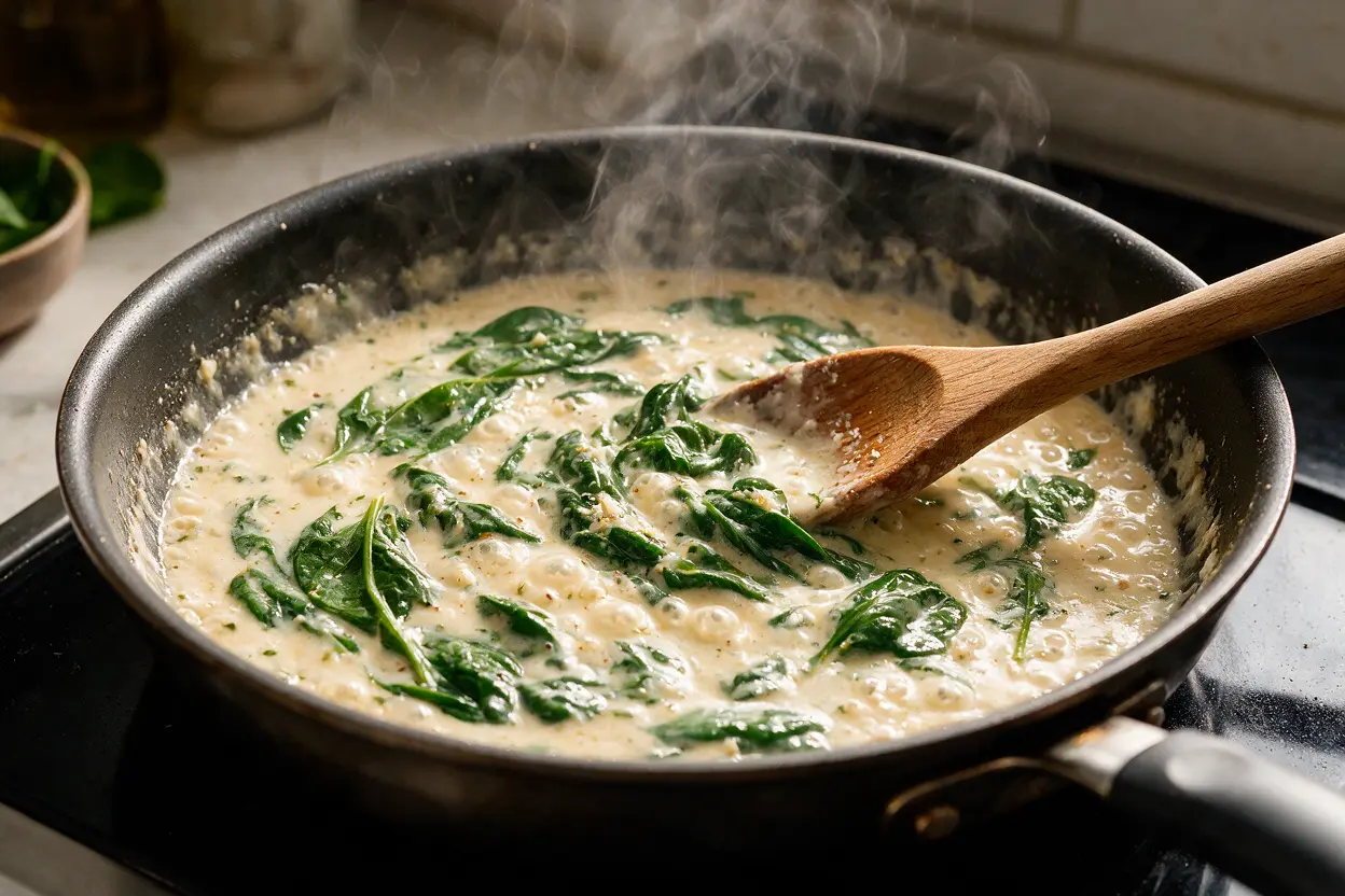 Spinach wilting into a garlic parmesan cream sauce