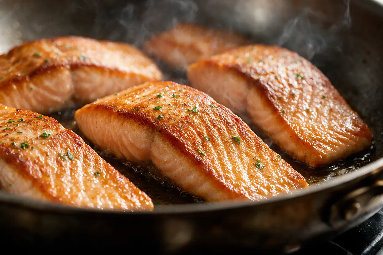 Salmon fillets searing in a skillet