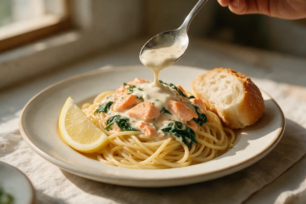 Creamy salmon and spinach served over pasta