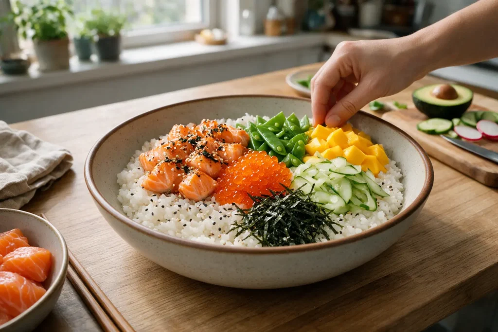 Assembling a salmon poke bowl with rice, salmon, and fresh toppings