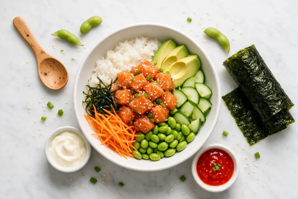 Salmon poke bowl components: salmon, rice, avocado, cucumber, edamame, and sauce