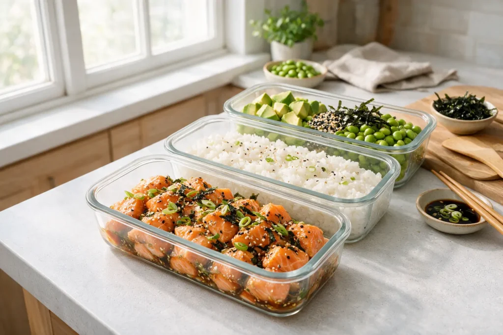 Salmon poke bowl components in glass meal-prep containers