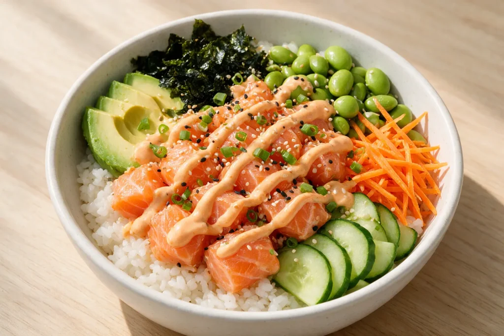 Salmon poke bowl with avocado, cucumber, edamame, and spicy mayo over rice