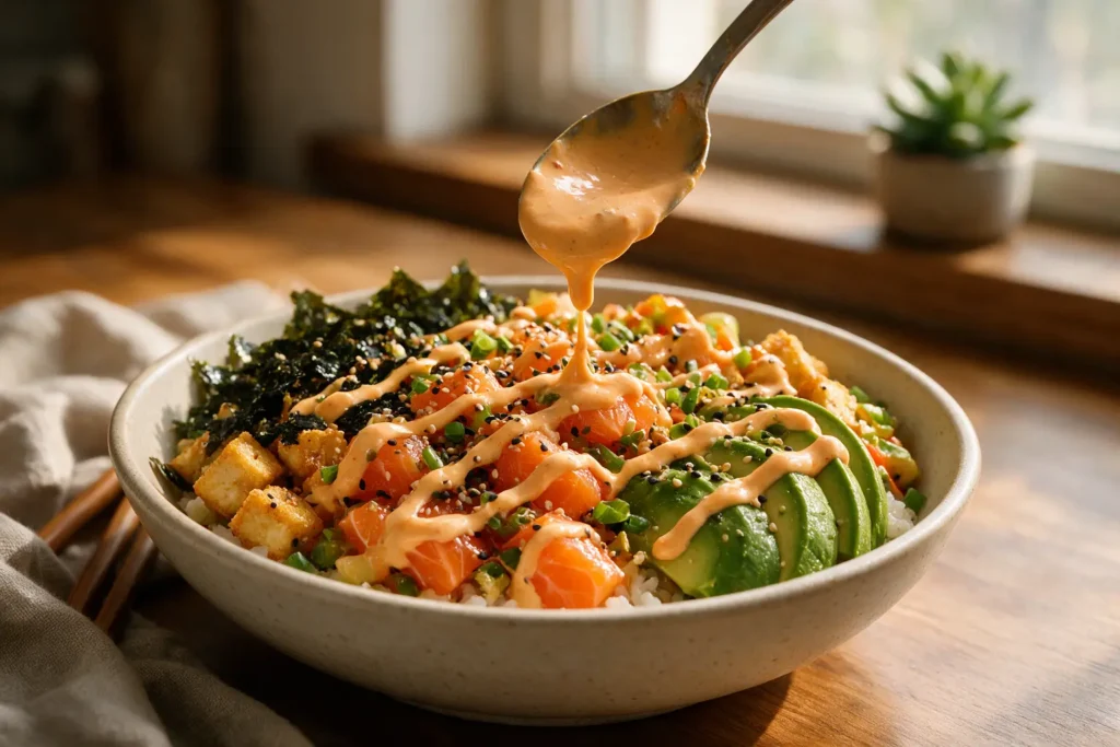 Spicy mayo drizzled over a salmon poke bowl