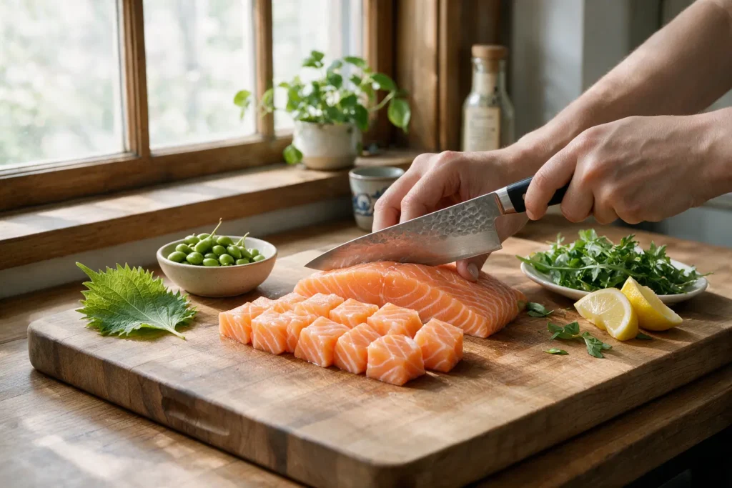 Sushi-grade salmon being cut into cubes for poke