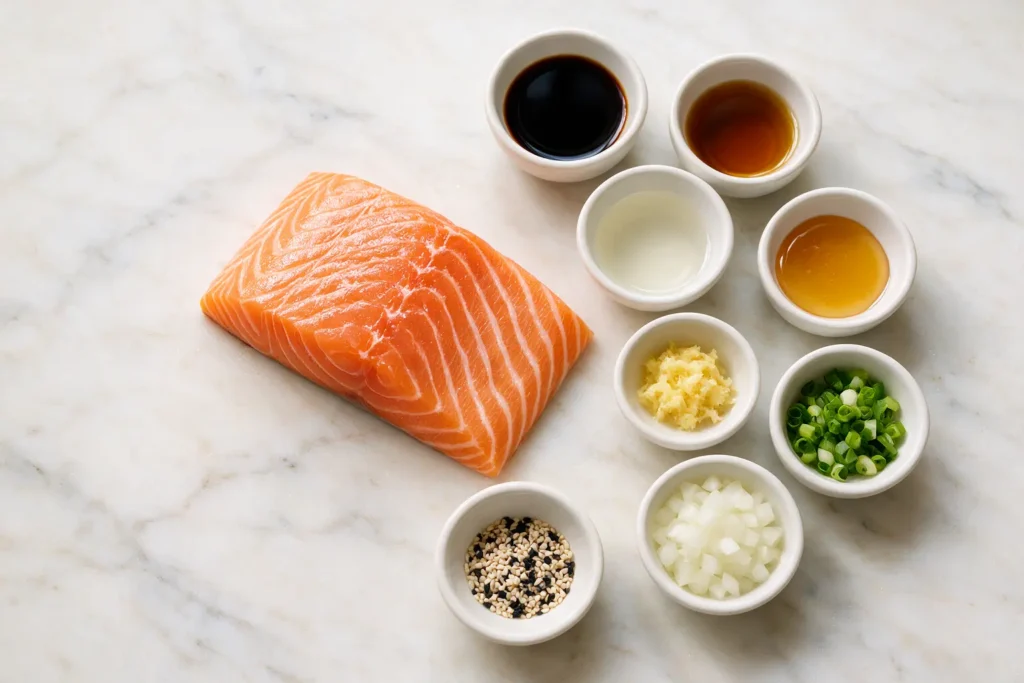 Salmon poke ingredients: salmon, soy sauce, sesame oil, ginger, and green onion