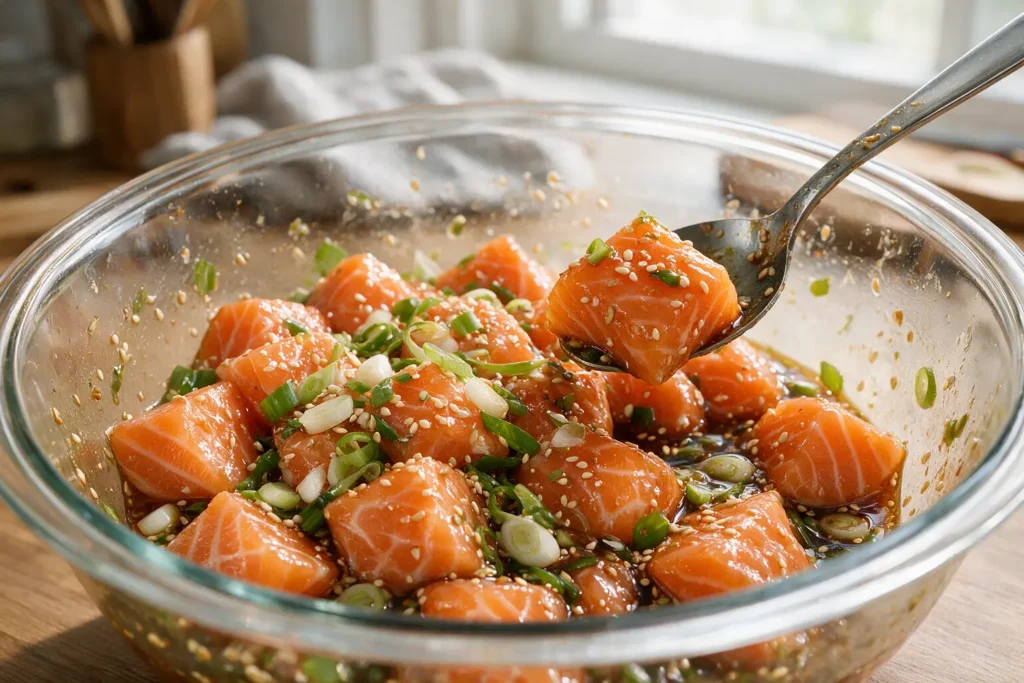 Cubed salmon tossed in soy-sesame poke marinade