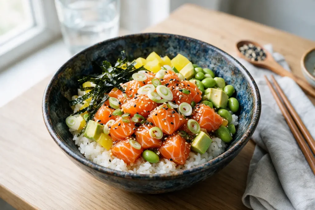 Fresh salmon poke with sesame seeds and green onion over rice in a dark bowl