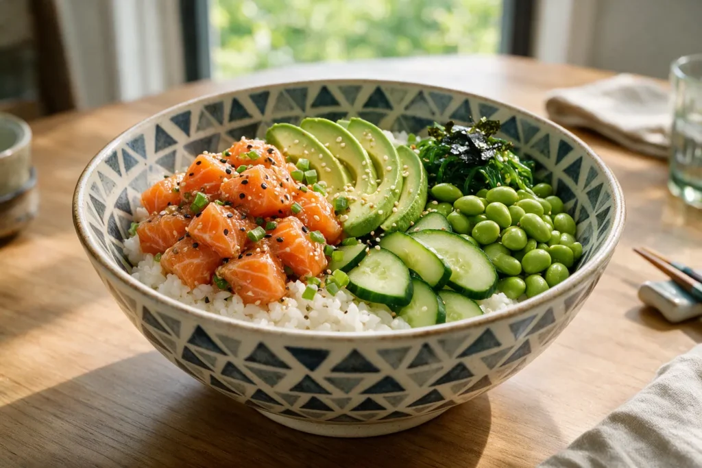 Salmon poke served over rice with avocado, cucumber, and edamame
