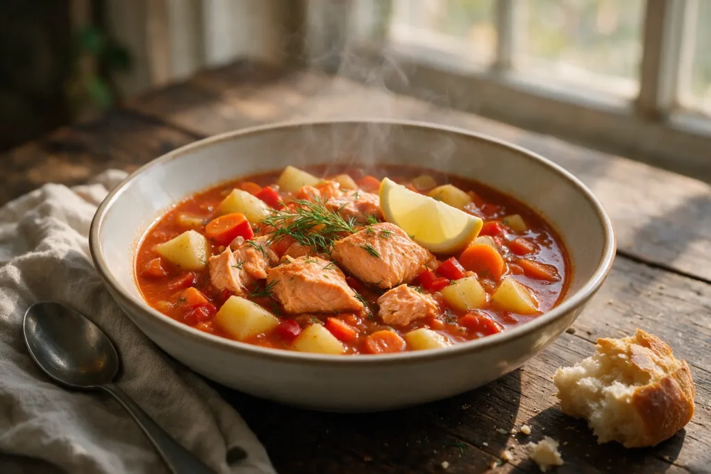 Hearty salmon stew with salmon, potatoes, and vegetables in a bowl
