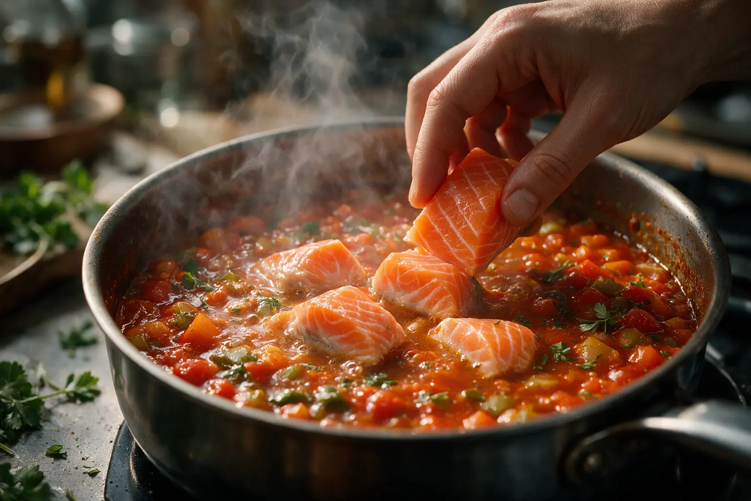 Adding fresh salmon chunks to simmering vegetable stew